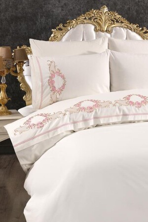 Rose Nakışlı %100 Pamuklu 6 Parça Nevresim Takımı Krem CD442501 - Çeyiz Diyarı