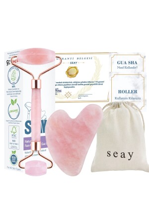 Rosenquarz-Gesichtsroller und rosa Herz-Gua-Sha-Gesichtsmassagegerät-Set, Naturstein-zertifiziert - 3