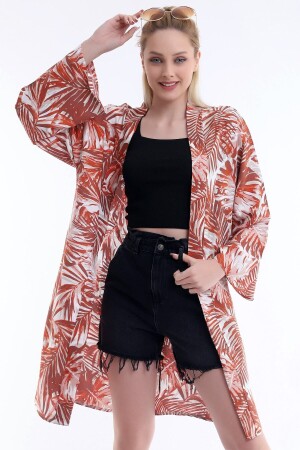 Rotbraun gemusterter langer Kimono für Damen - 1