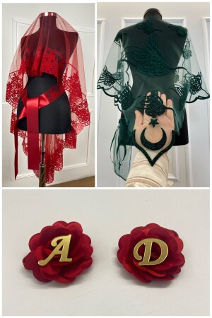 Roter Henna-Schleier – Brautschleier-Set, Bräutigam-Schulterbedeckung, Schal, Handrose, 8-teiliges Set - Zeymerade