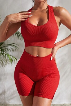 Rotes Damen-Nachthemd-Set mit hoher Taille, überkreuztem Rücken und Shorts - 1