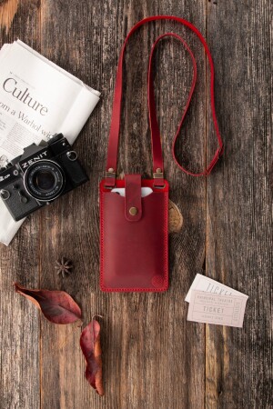 Rotes echtes Leder – handgefertigt – stilvolles Design mit Handy-Kartenfach – Damen-Geldbörse mit Kreuzriemen – Tasche - 2