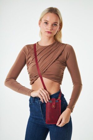 Rotes echtes Leder – handgefertigt – stilvolles Design mit Handy-Kartenfach – Damen-Geldbörse mit Kreuzriemen – Tasche - 3