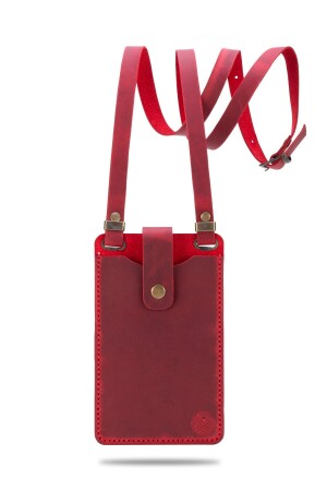 Rotes echtes Leder – handgefertigt – stilvolles Design mit Handy-Kartenfach – Damen-Geldbörse mit Kreuzriemen – Tasche - 6