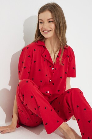 Rotes Kurzarm-Pyjama-Set aus Baumwolle mit Knöpfen - 1