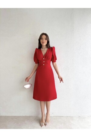 Rotes Midikleid mit halblangen Ärmeln und Perlenknöpfen - Afiş Butik