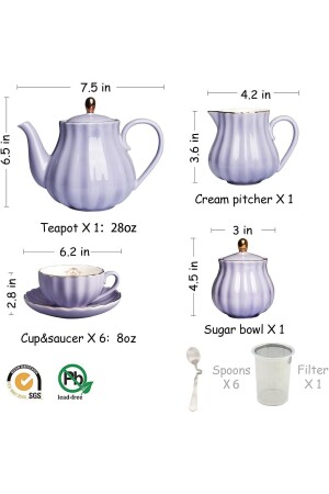 Royal Family Home Porzellan-Teeservice: 225 ml Tassen und Untertassen – Teekanne – Zuckerdose – Milchkännchen - 7