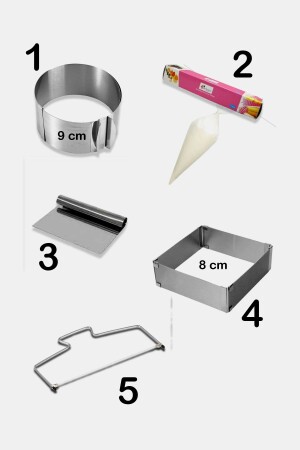 Runde und quadratische verstellbare Kuchenform + Schaber + Kuchendraht + Sahnebeutel, 5-teiliges Kuchenform-Set D28287 - 2