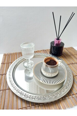 Rundes, 6-teiliges Luxus-Kaffee-Serviertablett aus gemustertem Edelstahl, 24 cm, snmkhv139 - 2