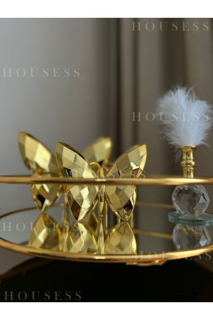 Rundes goldenes Tablett mit Murmeln, 2-teiliger goldener Schmetterling und goldener Federhalter, dekoratives Ornament-Set HSS-DKRTF - 3