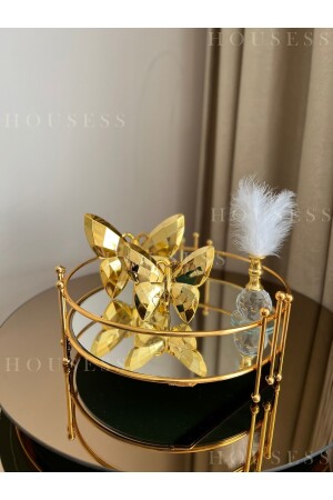 Rundes goldenes Tablett mit Murmeln, 2-teiliger goldener Schmetterling und goldener Federhalter, dekoratives Ornament-Set HSS-DKRTF - 4
