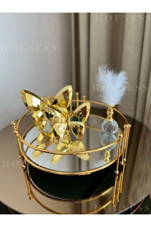 Rundes goldenes Tablett mit Murmeln, 2-teiliger goldener Schmetterling und goldener Federhalter, dekoratives Ornament-Set HSS-DKRTF - 1
