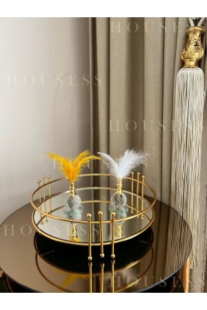 Rundes marmoriertes goldenes großes Tablett und 2-teiliger goldener Federhalter als dekoratives Ornament-Set HSS-DKRTF - 2
