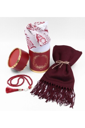 هدية منز كلاريت حمراء تافيتة صلاة السجادة و الزهرة اللؤلؤة مجموعة & رماد لون شال في صندوق سلندر خاص هدية S 88 x 136 - vegahediye v vega