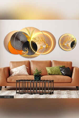 Saat Tablo Set Gold Geyik Geometrik Desenler 4 Parça Mdf Tablo Saat Set - Evinemoda