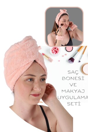 Saç Kurulama Bonesi Banyo Saç Kurulama Havlusu Ve Makyaj Uygulama Seti Pembe - 1