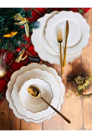 Sade Beyaz Gold Detaylı Porselen 24 Parça Lüks Yemek Takımı TR3679 - CASA DE BELLA