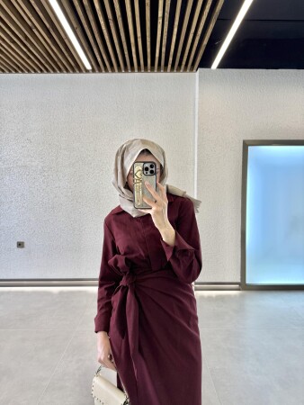 Sage Keten Bağlamalı Elbise - Bordo - Duendeca