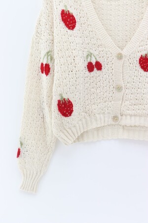 Saisonale cremefarbene Strickjacke mit 3 Knöpfen für Damen mit Kirsch-Erdbeer-Muster 13004 - 3