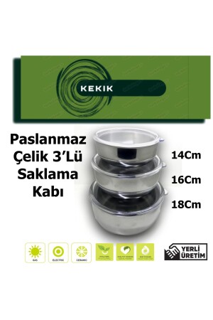 Saklama Kabı & Karıştırma Seti Paslanmaz Çelik 3'lü 6 Parça (18-16-14CM) Güven Life SKLM1234 - 5