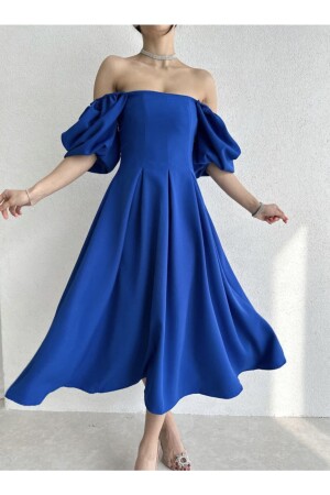 Saks Blaues, plissiertes Midikleid mit quadratischem Ausschnitt - 6