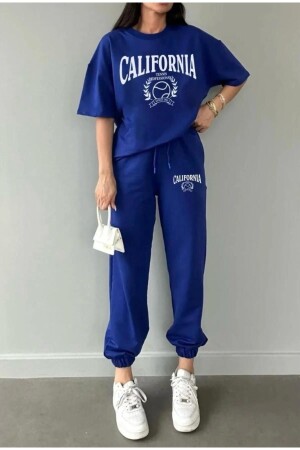 saks mavisi california baskılı kadın eşofman takımı t-shirt-jogger - 1