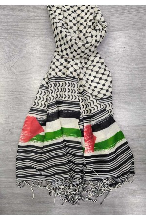 Şal - Kefiye Şal Filistin Bayrak Puşi Paşmina Kışlık Kumaş Uçları Ipli Şal 75 X 180 Cm (SİYAHEKRU) - 1