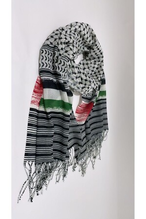 Şal - Kefiye Şal Filistin Bayrak Puşi Paşmina Kışlık Kumaş Uçları Ipli Şal 75 X 180 Cm (SİYAHEKRU) - 3