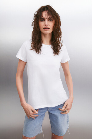 Samantha Kadın Bisiklet Yaka %100 Pamuk Beyaz T-shirt - 4