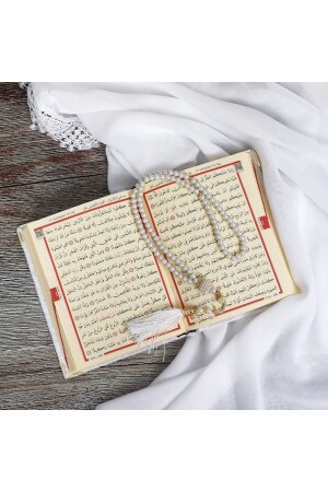 Samt-Heiliger Koran in personalisierter Holzbox, Gebetsteppich, Schal, Perlen-Gebetsperlen – Ecru - 8