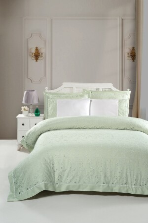 Sandia V.1 %100 Pamuk Saten Nevresim Takımı Lastikli Çarşaf King Size (XL - BATTAL BOY) Yeşil Beyaz - Silkarea