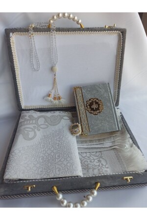 صندوق صلاة من طراز MNZ-Dowry Rug Set مع تخزين مناسب للعريس والعروس حزمة هدية Shawl Quran Set Cream - Hr Hediyelik