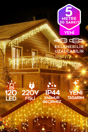 Sarı Led Işık Sarkıt 5 Metre 120 Led Saçak Iç & Dış Dekor Süsleme 220v Fişli Güvenli Led Su Geçirmez 6METRESARKIT220V - 3