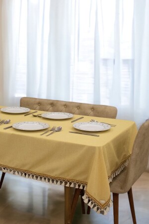 Sarı Pamuk Keten Kahverengi Şerit Ponponlu Masa Örtüsü - Ndc Home