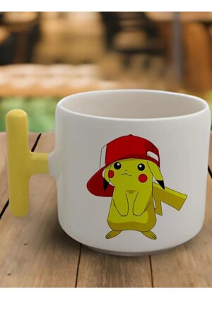 Sarı T Kulp Pikachu Tasarımlı Latte Fincan Modeli Ve Deri Bileklik Hediyeli ÖZG-00022 - 2