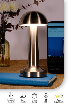 Şarjlı Dokunmatik Led Masa Lambası, Ayarlanabilir Renk Tonu, Çalışma Okuma Işığı Mantar Gece Lambası AF11-0029 - 2
