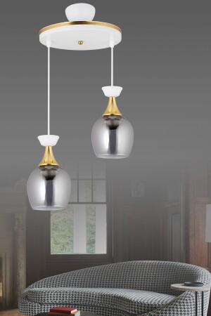 Sarkıt Tepsi 2'li Beyaz Fanus Füme Camlı Sarı Şeritli Modern Avize AK00059 - Kraliçe