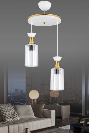 Sarkıt Tepsi Beyaz 2'li Boru Mika Şeffaf Camlı Sarı Şeritli Modern Avize TYC00765172284 - Genel Markalar