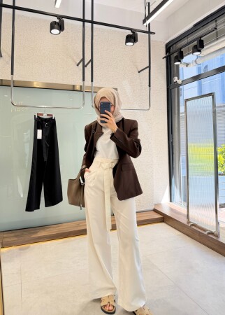 Sarya Kuşaklı Pantolon - Ekru - Nuuwears