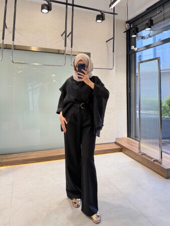 Sarya Kuşaklı Pantolon - Siyah - Nuuwears