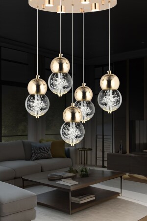 Sasha 5'li Yuvarlak 3 Renkli 57 Watt Gold Kristal Ledli Modern Oturma Odası Salon Sarkıt Avize 21006-5Y-GL - 1