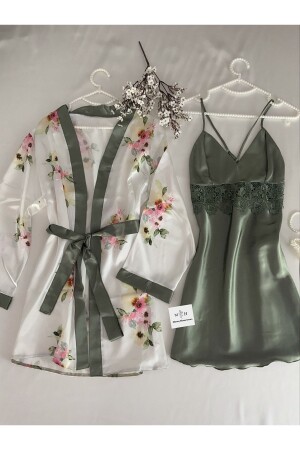 Saten Yeşil Elmas Gecelik Sabahlık Seti - Mh Moony Homewears