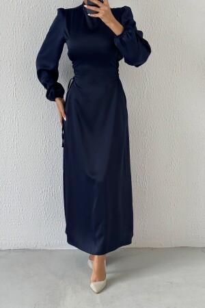 Satin-Hijab-Abendkleid mit Bindedetail an der Taille, Marineblau - 1