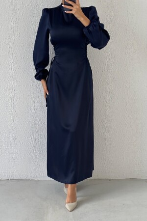 Satin-Hijab-Abendkleid mit Bindedetail an der Taille, Marineblau - 3