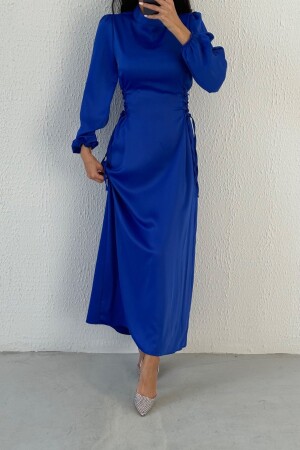 Satin-Hijab-Abendkleid mit Bindedetail an der Taille, Saks-Blau - 1