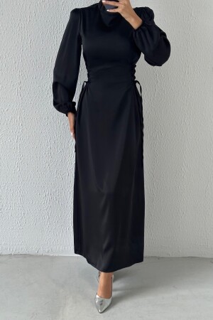 Satin-Hijab-Abendkleid mit Bindedetail an der Taille, Schwarz - 1