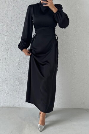 Satin-Hijab-Abendkleid mit Bindedetail an der Taille, Schwarz - 2