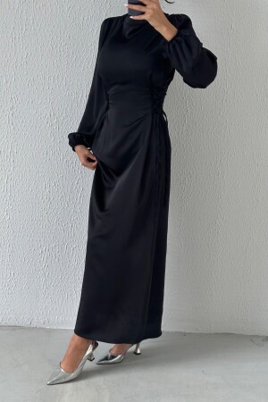 Satin-Hijab-Abendkleid mit Bindedetail an der Taille, Schwarz - 3