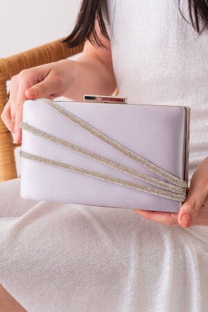 Satin-Silber, dreireihiges Abendkleid-Portfolio und Clutch-Tasche mit Steinen - 1