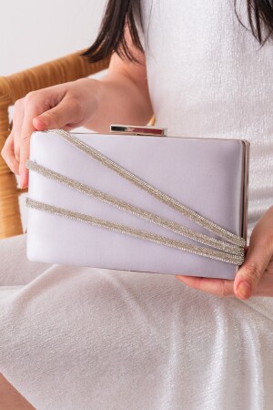 Satin-Silber, dreireihiges Abendkleid-Portfolio und Clutch-Tasche mit Steinen - 2